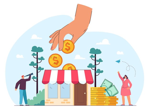 Mano de gobierno o socios que otorgan subvenciones a empresas. Pequeñas personas que reciben dinero, buscan asistencia financiera y protección ilustración vectorial plana. Subsidio, finanzas, concepto de inversión
