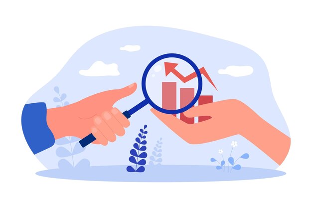 Mano de hombre de negocios estudiando estadísticas con lupa. Mano que sostiene la ilustración de vector plano de gráfico de negocios. Concepto de marketing, crecimiento empresarial o desarrollo para banner o página de inicio