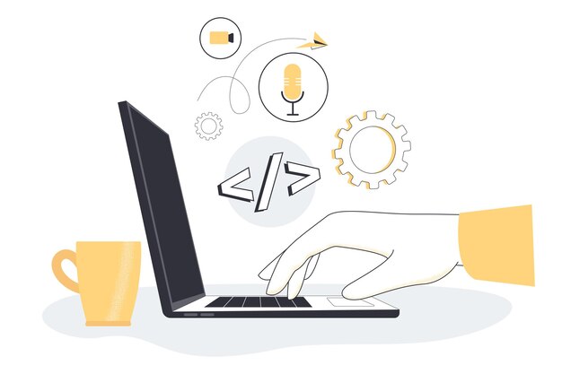 Mano humana escribiendo en la computadora con diferentes símbolos arriba ubicados cerca de la taza de café. Vista lateral de la ilustración de vector plano portátil abierto. Nuevas tecnologías, concepto de millennials en el trabajo