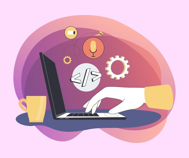 La mano humana escribiendo en la computadora con diferentes símbolos