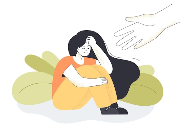 Mano humana que se extiende a una joven infeliz sentada y abrazándose las rodillas. Persona que ayuda a una mujer triste y solitaria a deshacerse de la depresión o el estrés ilustración vectorial plana. Salud mental, concepto de apoyo