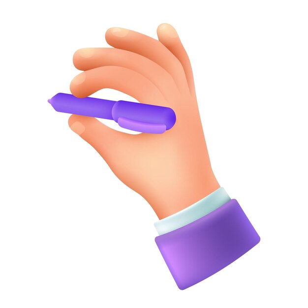 Mano humana sosteniendo un icono de estilo de dibujos animados 3d de pluma sobre fondo blanco. Empresario o persona que tiene una herramienta de escritura, preparándose para firmar un contrato o una ilustración de vector plano de acuerdo. Concepto de papelería