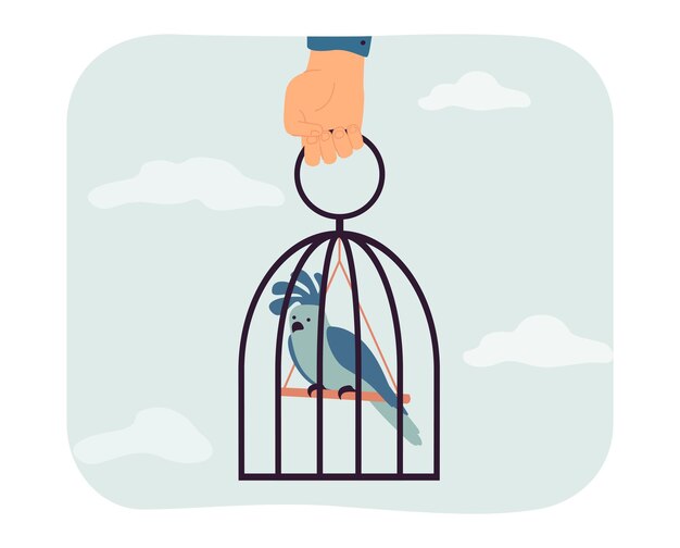 Mano humana sosteniendo jaula vintage con pájaro triste. Violencia del hombre quitando mascotas libertad ilustración vectorial plana. Prisión, liberación, concepto de abuso para banner, diseño de sitio web o página web de destino