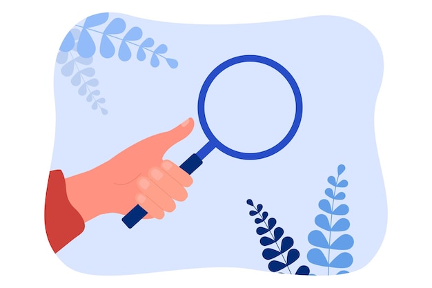 Mano humana sosteniendo una lupa para buscar y encontrar datos. Trabajo de persona mirando a través de la lupa, inspeccionando información e ideas ilustración vectorial plana. Investigación científica, concepto de descubrimiento