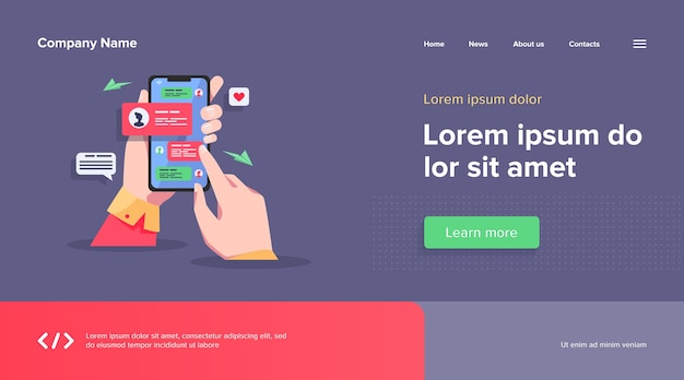 Vector gratuito mano humana sosteniendo teléfono móvil con mensajes de texto. persona tocando la pantalla con plantilla web de conversación de chat