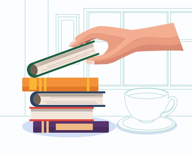 Mano con libros y café.