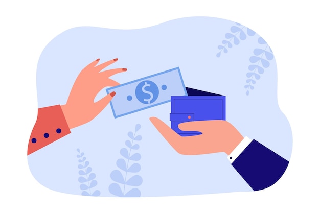 Mano de mujer poniendo billete de dólar en billetera de hombre abierto. Pago y transferencia de dinero a la persona que tiene la ilustración vectorial plana del monedero. Concepto financiero para banner, diseño de sitio web o página web de inicio