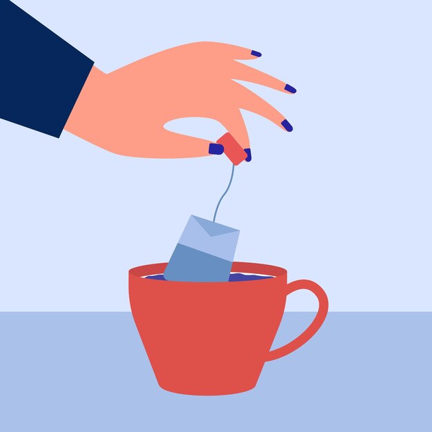 Mano de mujer poniendo bolsita de té en una taza de agua. Persona que hace té en la ilustración de vector plano taza. Bebida, descanso, concepto de desayuno para banner, diseño de sitio web o página web de destino