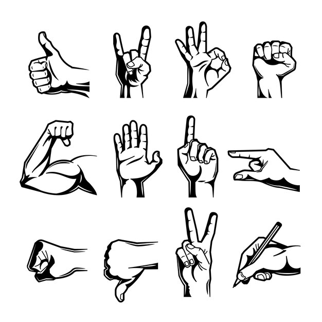 Mano muñeca gesto negro grabado icono conjunto con pulgar arriba abajo puño dedo medio y otros gestos vector ilustración