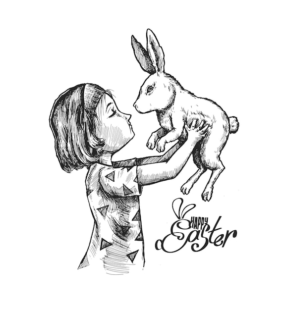 Mano de niña sosteniendo ilustración de Vector de boceto dibujado a mano de conejo de Pascua