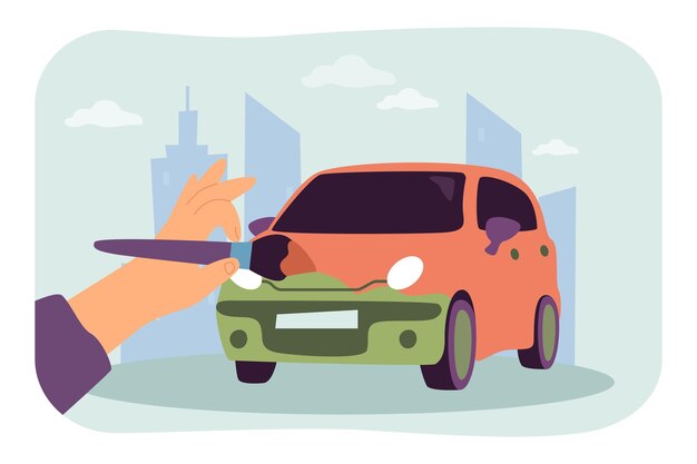Mano de pintor pintando coche con pincel. Cambio de color del vehículo por persona de la ilustración vectorial plana del servicio de reparación de carrocerías. Concepto de mantenimiento para banner, diseño de sitio web o página web de destino
