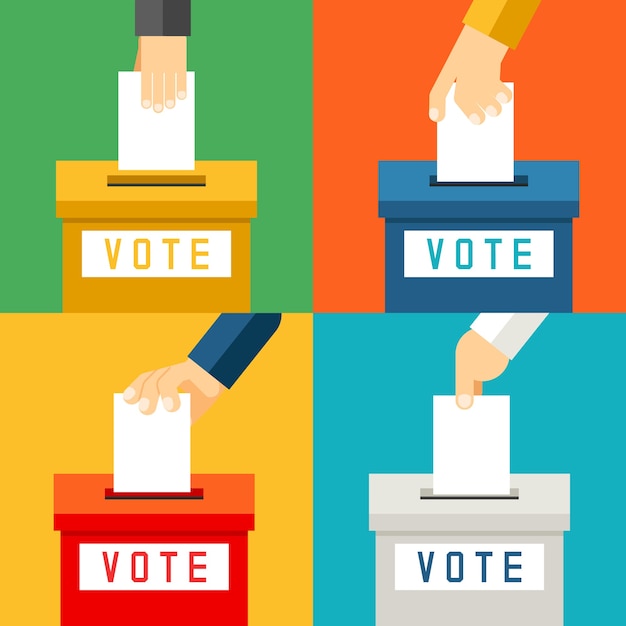 Mano poniendo papel de votación en urnas. Encuesta de referéndum y votante de elección