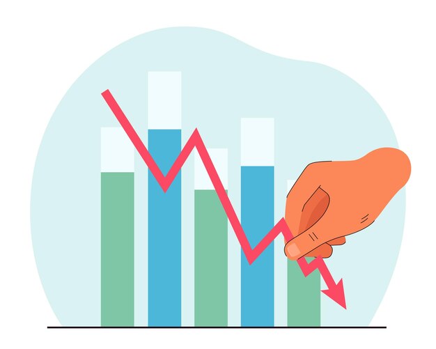 Mano que sostiene la flecha baja en el fondo de los gráficos de barras. Ilustración de vector plano de ingresos reducidos. Reducción, concepto de recesión para banner, diseño de sitio web o página web de inicio