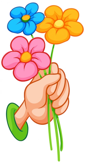 Mano que sostiene las flores coloridas en el fondo blanco