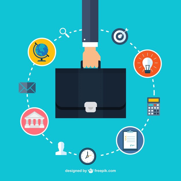Mano que sostiene un maletín e iconos de negocios
