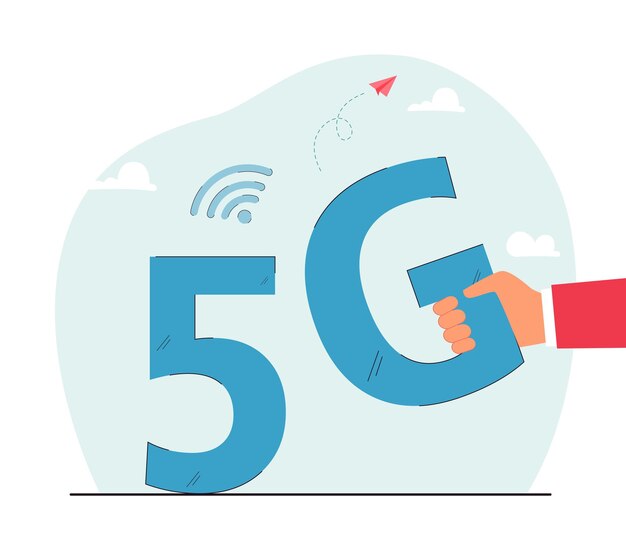 Mano que sostiene el símbolo de telecomunicaciones 5G. Persona que usa ondas de red de velocidad, ilustración de vector plano de tecnología digital. Conexión, concepto de servicio para banner, diseño de sitio web o página web de inicio