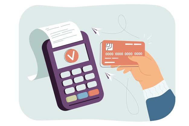 Mano que sostiene la tarjeta de crédito o débito cerca del escáner del terminal electrónico y realiza la compra. Transacción inteligente a través de la ilustración de vector plano de máquina digital. Pago sin contacto, EMV, concepto de comercio.