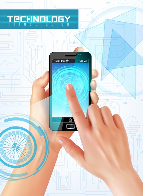 Mano que sostiene el teléfono inteligente con el dedo en la pantalla táctil realista vista superior imagen abstracta de alta tecnología