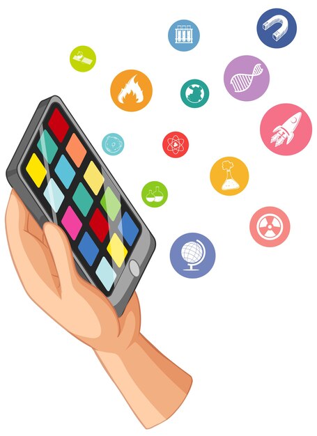 Mano que sostiene el teléfono inteligente con el icono de educación aislado