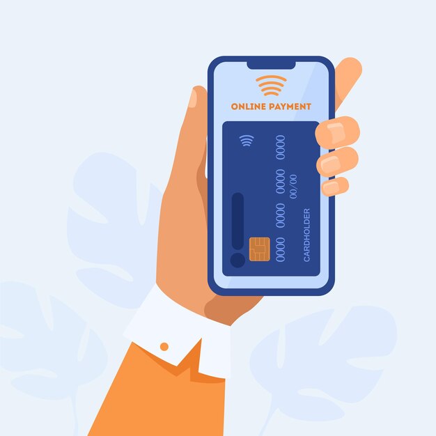 Mano que sostiene el teléfono inteligente y paga en línea