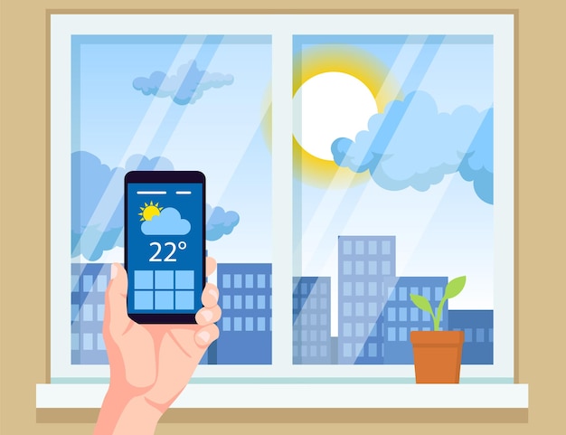 Vector gratuito mano que sostiene el teléfono móvil con la ilustración de vector de aplicación meteorológica