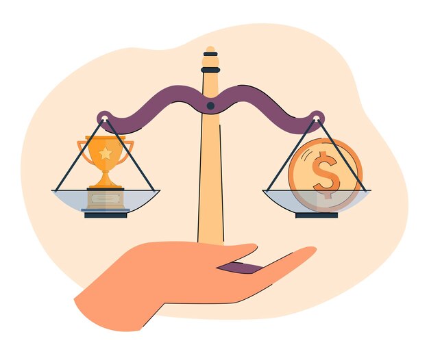 Mano sosteniendo balanzas con dinero y ganando copa de oro. Persona que mide el precio de la ilustración de vector plano de victoria. Decisión, concepto de inversión para banner, diseño de sitio web o página web de destino