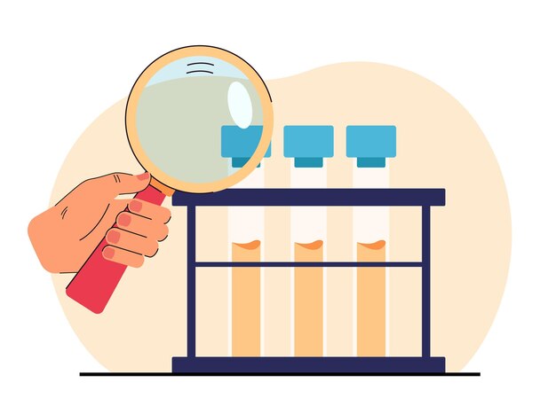 Mano sosteniendo lupa y examinando tubos de vidrio. Científico que realiza investigaciones científicas en la ilustración de vectores planos de laboratorio. Química, concepto científico para banner o página web de inicio