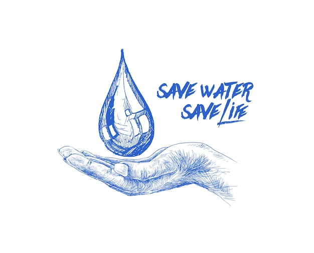La mano sostiene la gota, ahorra agua, salva la vida, boceto dibujado a mano, ilustración vectorial.