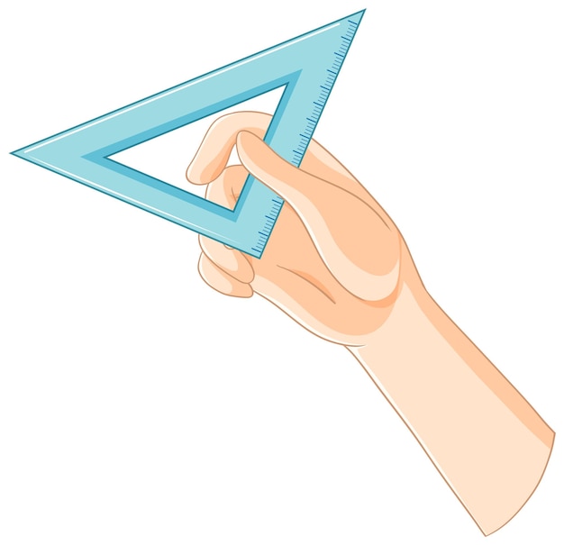 La mano sostiene una regla de triángulo azul
