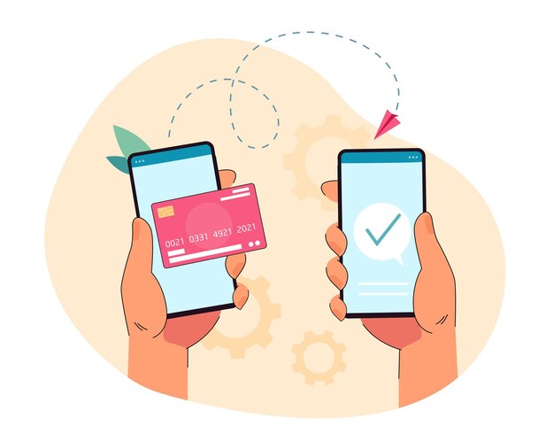 Mano sujetando el teléfono con servicio de billetera digital y enviando dinero. Transacción de pago o transferencia a través de la ilustración plana de la aplicación móvil.