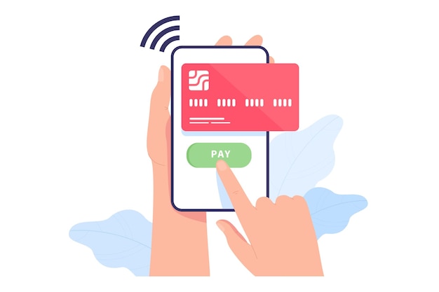 Mano sujetando el teléfono con tarjeta de crédito en la pantalla. Hombre haciendo compras, compras, pagando en línea usando la ilustración vectorial plana de la aplicación bancaria. Transacción, concepto de comercio electrónico