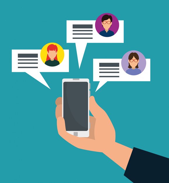Mano con teléfono inteligente y burbujas de chat social