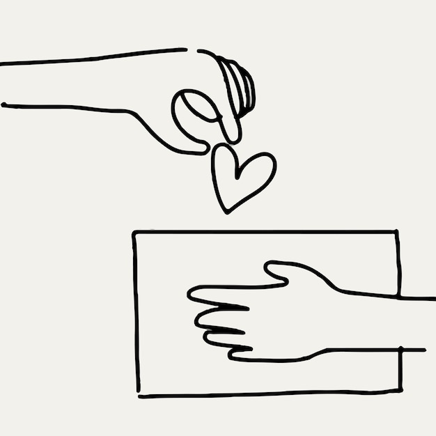 Mano de vector de doodle de caridad dando corazón / dinero, concepto de donación