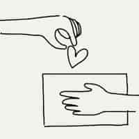 Vector gratuito mano de vector de doodle de caridad dando corazón / dinero, concepto de donación