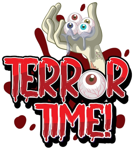 Mano de zombie con logo de palabra terror time para halloween