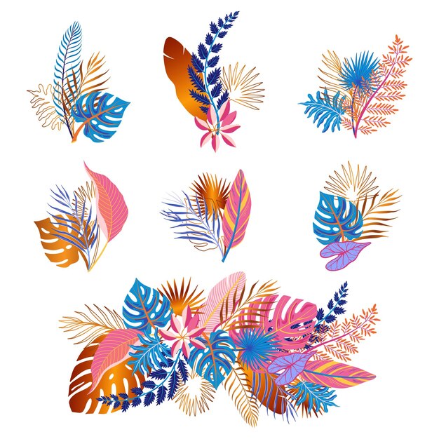 Manojos de hojas tropicales de color de varias plantas exóticas conjunto plano aislado en la ilustración de vector de fondo blanco