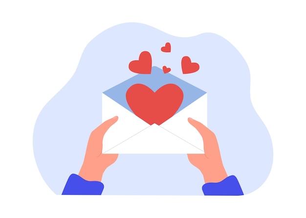 Manos abriendo sobre con corazones dentro. persona que tiene carta con confesión ilustración vectorial plana. amor, romance, concepto de día de san valentín para banner, diseño de sitio web o página web de inicio