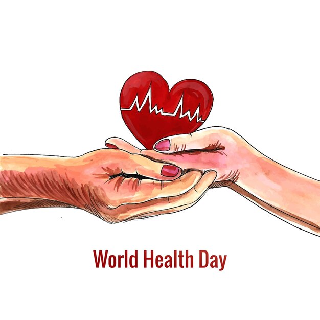 Manos adultas del día mundial de la salud con diseño de corazón rojo