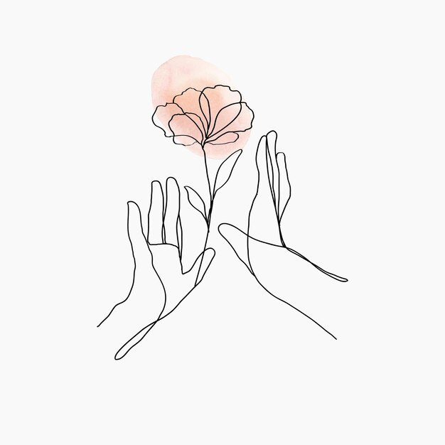 Manos de arte de línea mínima vector floral naranja pastel ilustración estética