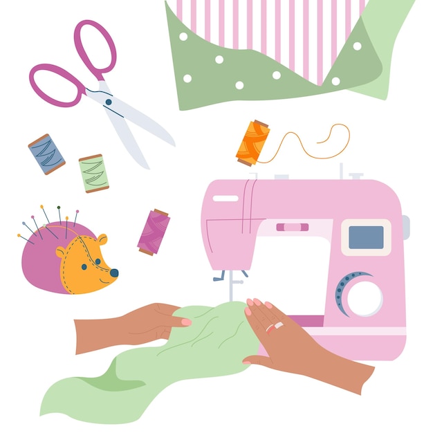 Manos artesanales composición plana con fondo en blanco e imágenes aisladas de manos de máquinas de coser y herramientas ilustración vectorial