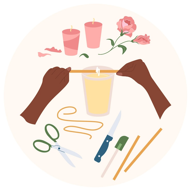 Vector gratuito manos artesanales fondo plano con velas flores y tijeras con cuchillo y manos de mujer negra ilustración vectorial