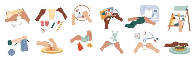 Manos artesanales con iconos planos aislados sobre fondo blanco con costuras y rutinas de tejido ilustración vectorial