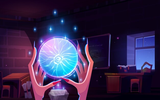 Manos de bruja con cristal de energía en el laboratorio de magia
