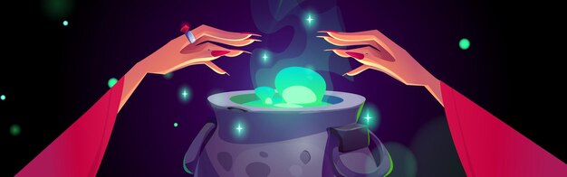 Las manos de la bruja haciendo magia sobre el caldero con poción