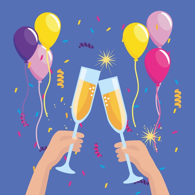 Vector gratuito manos con copa de champagne y globos con confeti.