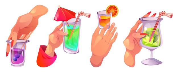 Manos con copas de cóctel sobre un fondo blanco
