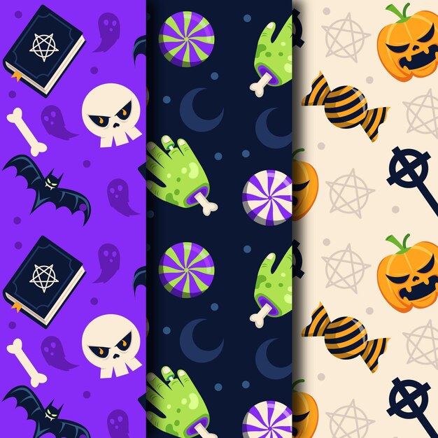 Manos y dulces patrones sin fisuras de diseño plano de halloween