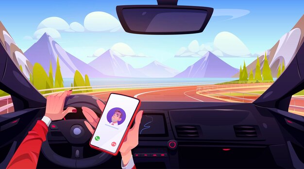 Manos femeninas conduciendo coche y sosteniendo smartphone