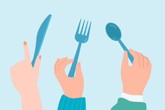 Manos femeninas y masculinas con cuchillo, cuchara y tenedor. Vista lateral de las manos de la gente en la mesa con mantel azul preparándose para cenar ilustración vectorial plana. Vajilla, restaurante, concepto de comida.