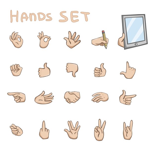 Manos gestos plana iconos conjunto de okey roca puño y palma comunicación símbolos aislado ilustración vectorial